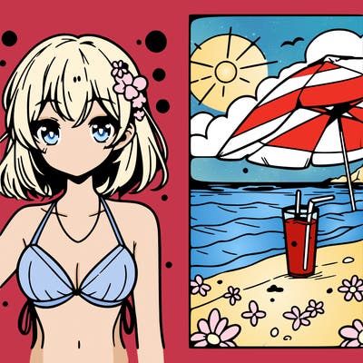 anime girl in a swimsuit at the beach