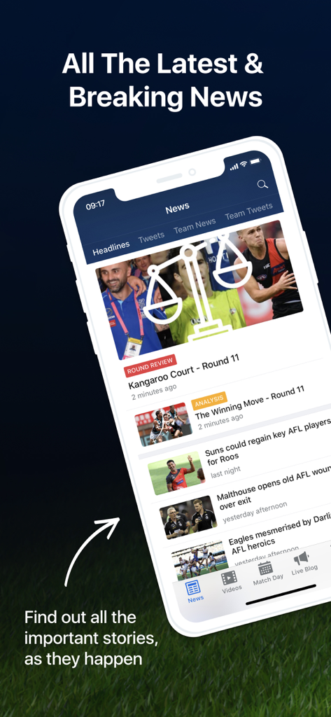 Footy Live: AFL Scores & Stats - Un smartphone mostrando la sección de noticias de última hora de la aplicación Footy Live AFL con varios titulares deportivos