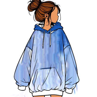 realistic girl with a oversized sweatshirt on and a bun