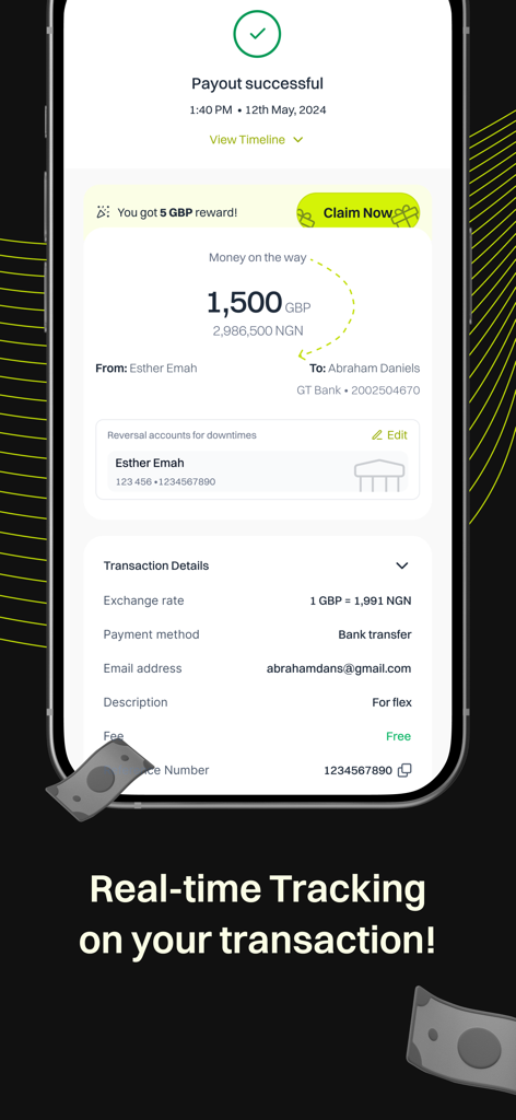 Prune Payments - Prune Payments app interface displaying a successful money transfer from GBP to NGN with real time transaction tracking and rewards