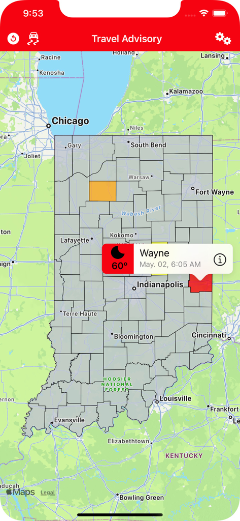 Travel Advisory - A map of Indiana counties displaying color-coded travel advisories and local weather information.