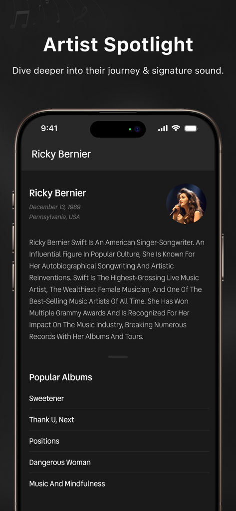 Artist Spotlight screen in the RYT Music Player iOS app showing an artist biography and popular album list.