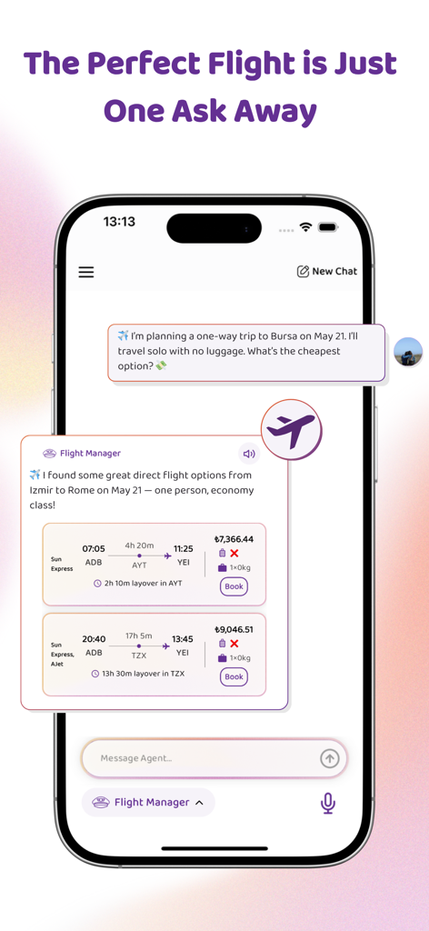 Rovo - Travel Agent - 여행 결과 및 예약 옵션이 포함된 항공권 검색 대화를 보여주는 Rovo 앱 인터페이스