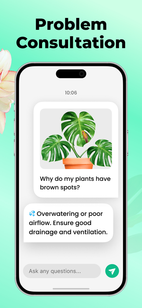 Plant Parent: Plant Care Guide - Plant Parentアプリのチャット画面に、茶色の斑点のある植物の診断が表示されている様子
