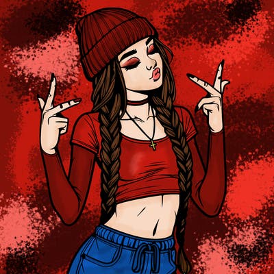 realistic teenage girl with braids and a beanie and crop top doing 🫶🏼