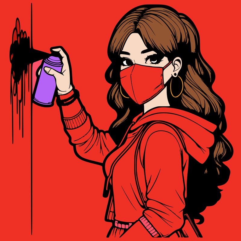 realistic girl with mask spray painting a wall