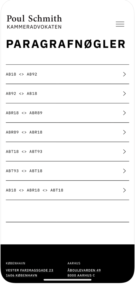 AB18-Guiden - AB18-Guide-App-Bildschirm mit einer Liste von Paragraphenschlüsseln zum Vergleich dänischer Baurechtsrahmen wie AB18 und AB92