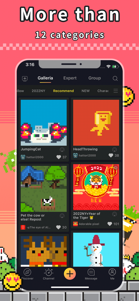 A mobile interface for the Divoom app showing a gallery of community pixel art across several categories