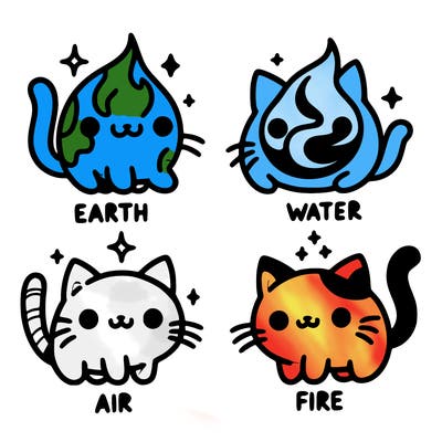 4 cats that represent the different elements, earth, water, air, and fire