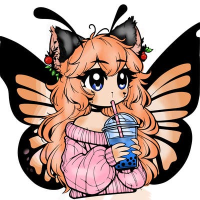 a realistic butterfly/furry girl drinking boba