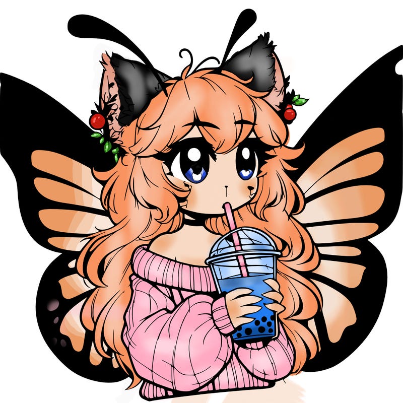 a realistic butterfly/furry girl drinking boba