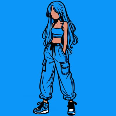 girl in baggy pants crop top and long hair