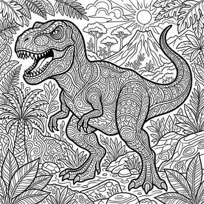 Embark on a prehistoric journey with this stunning adult coloring page featuring a majestically detailed Tyrannosaurus Rex. Its body is adorned with intricate patterns, set against a lush backdrop of ancient flora and a dramatic volcano.