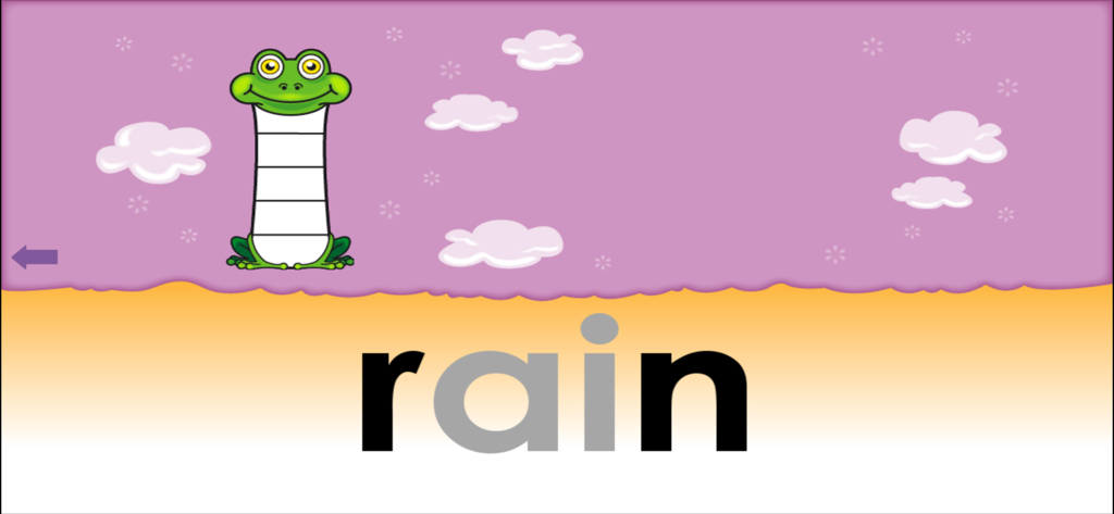 Reading Race 1d: ar, or and ai - Reading Race 1d app interface showing the word rain with the letters ai highlighted and a cartoon frog character.