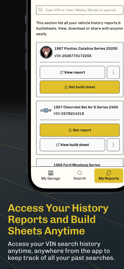 Mobile app screen showing a list of vehicle history reports and build sheets for classic cars including Pontiac and Chevrolet