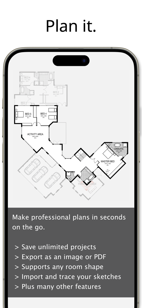 Planit2d - Planit2d app interface on a smartphone screen showing a detailed 2D house floor plan with rooms and garage