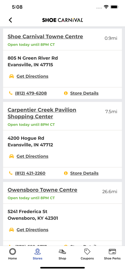Shoe Carnival - List of nearby Shoe Carnival store locations showing addresses, operating hours, and distance from the user.