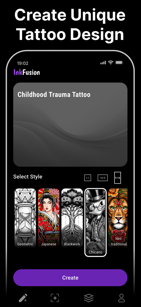 InkFusion: AI Tattoo Generator - InkFusion app screen showing tattoo style selection for AI generation