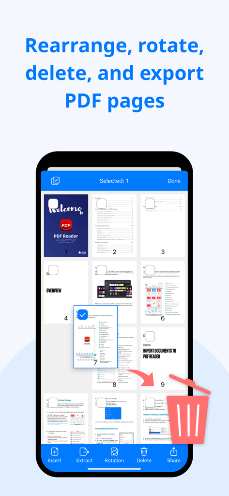 PDF Reader - Editor & Viewer - A mobile screen showing the KDAN PDF app interface for rearranging rotating and deleting pages within a document