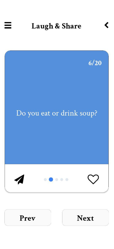 Cairds app interface showing a fun icebreaker question asking if you eat or drink soup