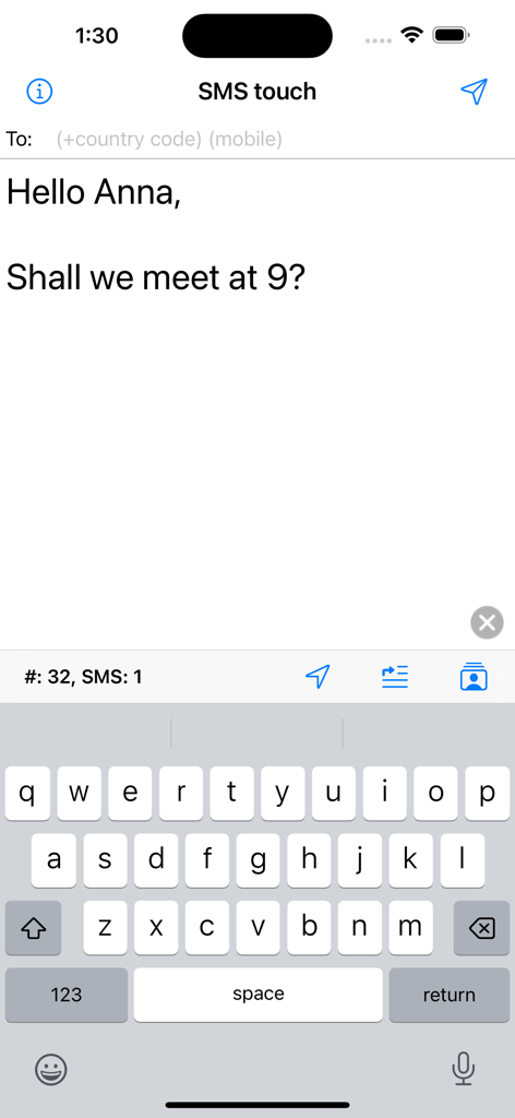 SMS touch - SMS touch app interface on iPhone showing a draft message to an international contact with a standard keyboard