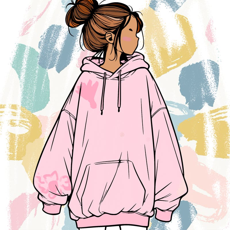 realistic girl with a oversized sweatshirt on and a bun