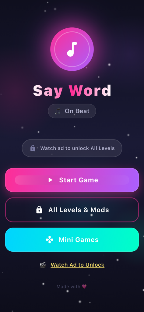 Say The Word On The Beat - Main menu screen of the Say The Word On The Beat app featuring Start Game and Mini Games buttons