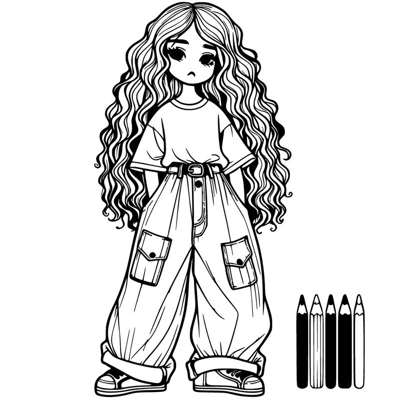 girl with long curly hair with baggy jeans and baggy t shirt