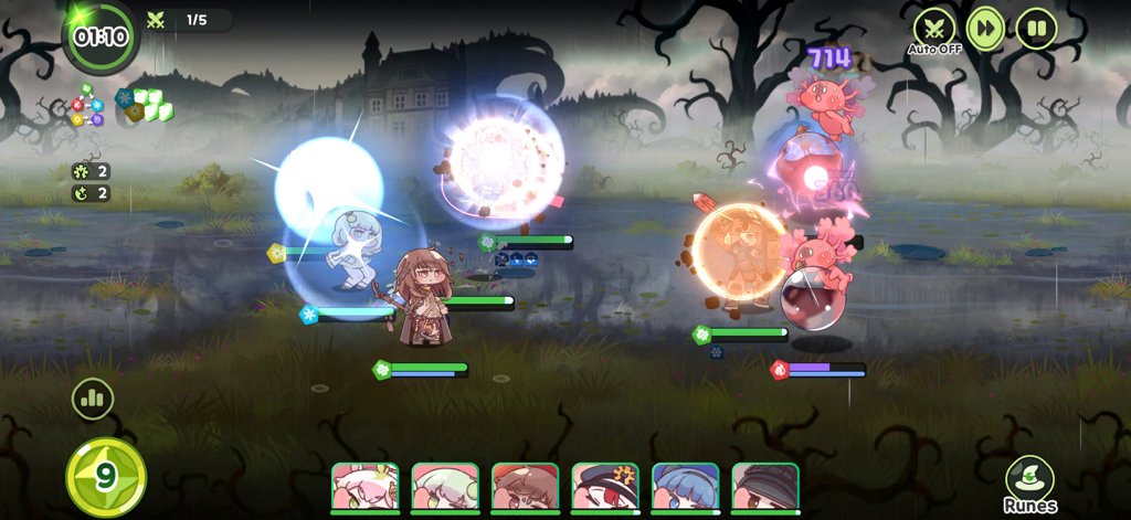 Chibi-Charaktere in einer seitwärts scrollenden Kampfszene innerhalb des mobilen Spiels Trickcal Chibi Go.