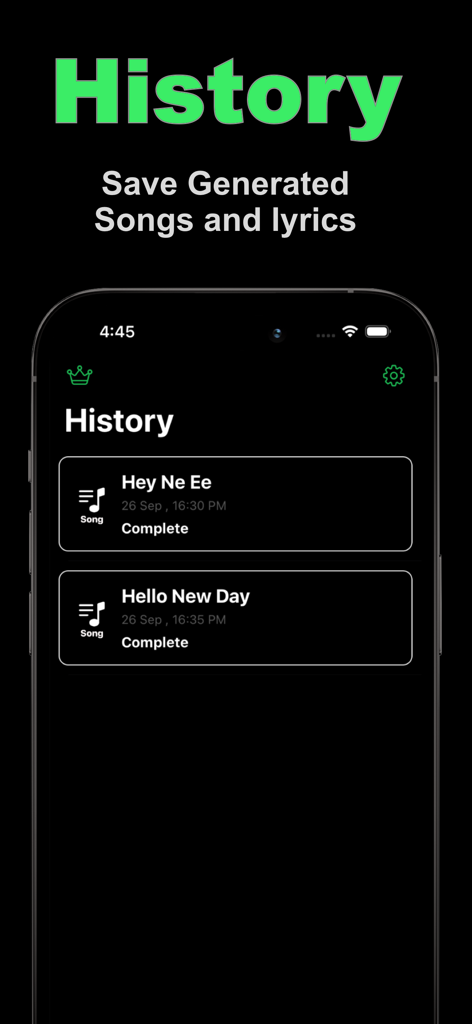 Verlaufbildschirm der KI-Song-Ersteller-App, der eine Liste gespeicherter generierter Songs und Texte anzeigt