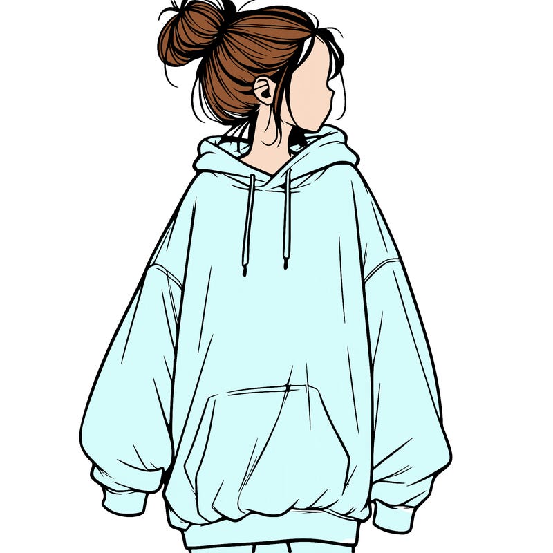 realistic girl with a oversized sweatshirt on and a bun