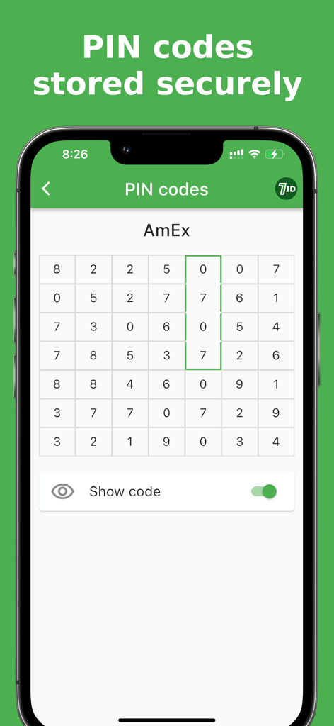 7ID: passport photos - A smartphone screen from the 7ID app showing secure PIN code storage for a credit card.