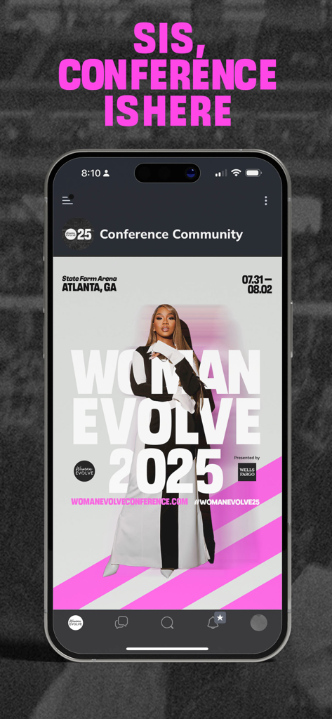 Woman Evolve - Smartphone displaying the Woman Evolve 2025 conference announcement in Atlanta