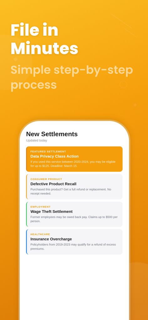 Settlemate: Make them Pay - Écran de l'application Settlemate montrant une liste des nouveaux règlements d'actions collectives, y compris la confidentialité des données et les rappels de produits