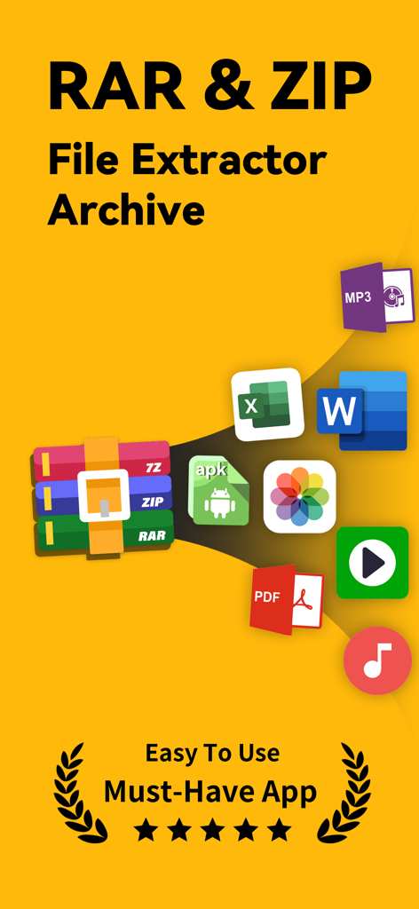 RAR & Zip Extractor - AS Unzip - Werbebildschirm für die RAR- und Zip-Datei-Extrahierer-App, der die Unterstützung für mehrere Dateiformate wie PDF, Word und MP3 zeigt
