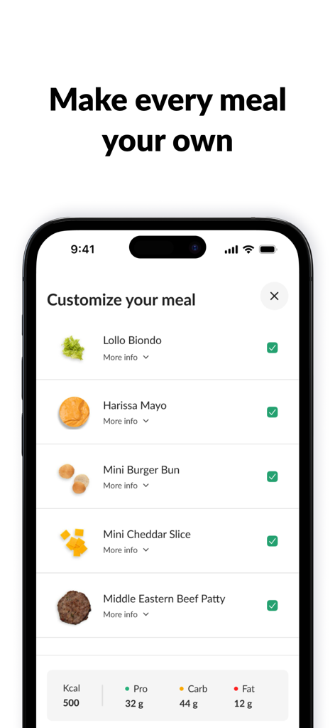 Mobile app screen showing meal customization with ingredient selection and nutritional macro tracking
