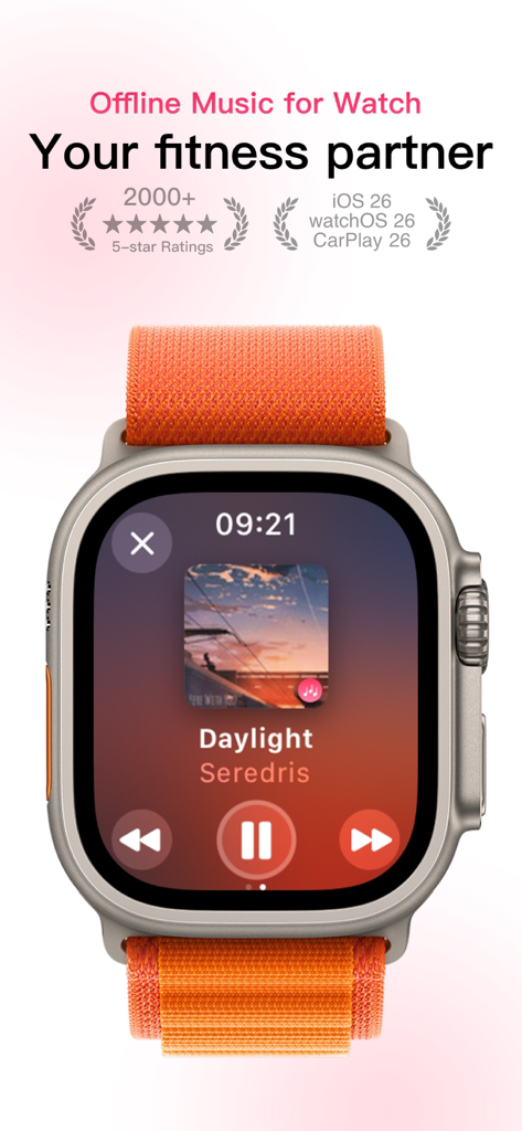 One Player Offline-Musikplayer-Oberfläche auf der Apple Watch Ultra für Fitness und Training