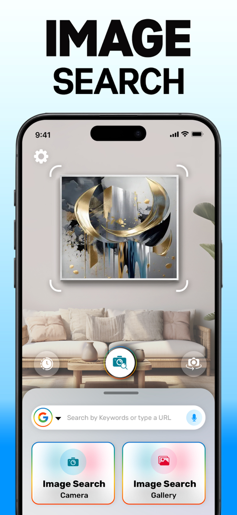 Image Search: ImageSearchTool - Interfaz de la aplicación Image Search mostrando un visor de cámara enfocado en una obra de arte con opciones de búsqueda para cámara y galería.