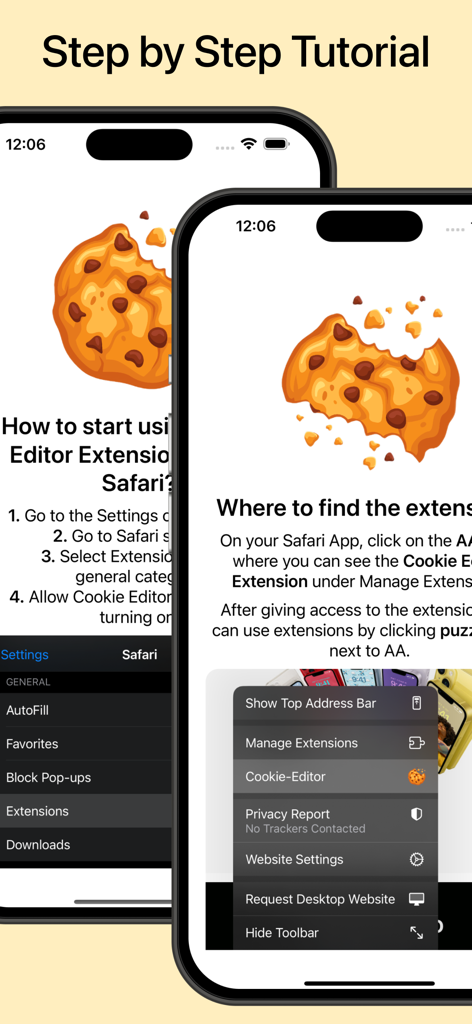 Step by step tutorial showing how to enable and access the Cookie Editor extension in iOS Safari settings and browser menu.