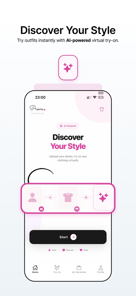 Schermata principale dell'app Prova che mostra l'interfaccia di prova outfit virtuale basata sull'IA.
