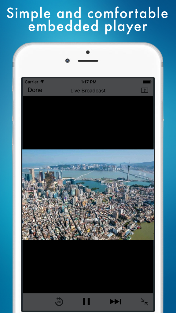 Macau TV live app screenshot showing the embedded video player with a live broadcast of the Macau cityscape