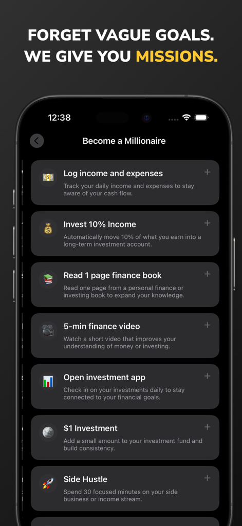 Habit Tracker - Mindle - Mindle App-Oberfläche, die eine Liste täglicher Missionen zur Erreichung finanzieller Ziele anzeigt