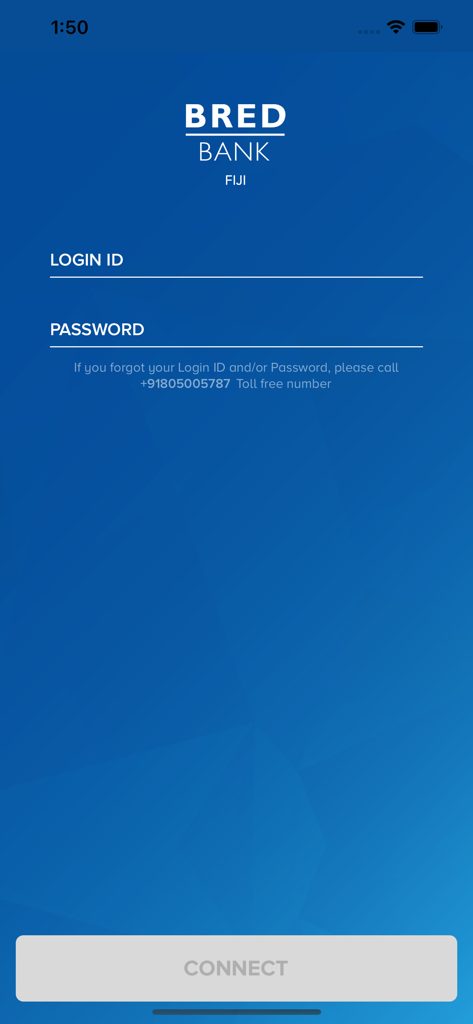BRED Fiji Business Connect - Login screen for BRED Bank Fiji Business Connect app
