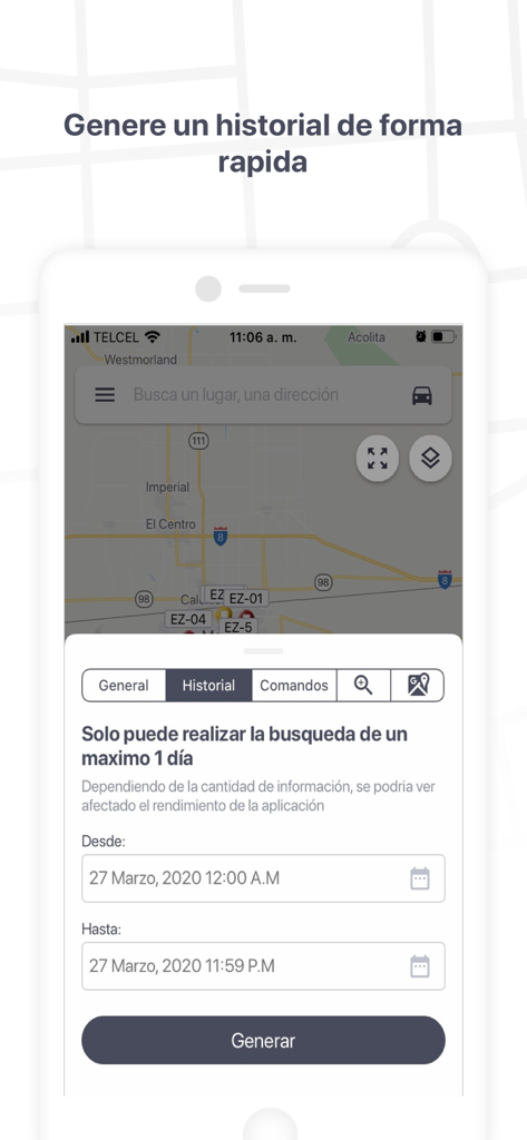 Eztrack - Oberfläche der Eztrack-App, die Optionen für den Routenverlauf über einer Karte anzeigt