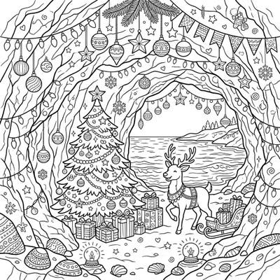 Explore a truly unique holiday setting with our Christmas Sea Cave coloring page. This intricate design brings together the mystery of sea caves with the joyous spirit of Christmas, featuring festive decor, a charming reindeer, and a decorated tree.