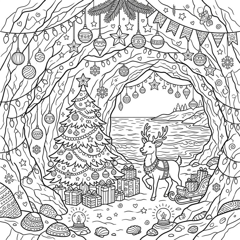 Explore a truly unique holiday setting with our Christmas Sea Cave coloring page. This intricate design brings together the mystery of sea caves with the joyous spirit of Christmas, featuring festive decor, a charming reindeer, and a decorated tree.