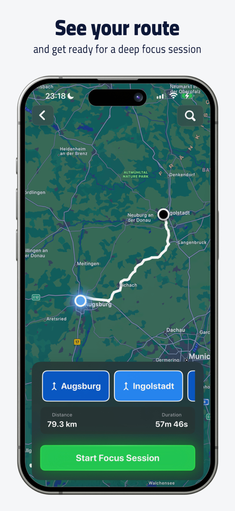 FocusDrive: Focus Timer - FocusDrive app screen showing a map route and a start focus session button