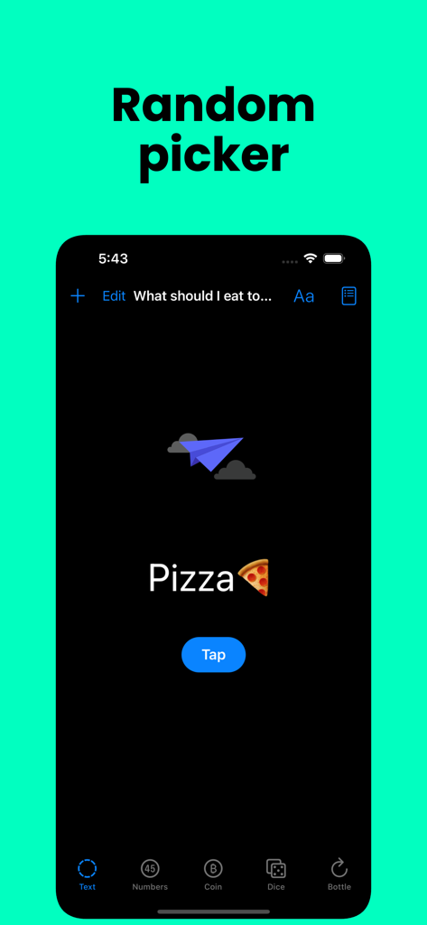 Random GameBox, Spin the wheel - Una captura de pantalla de la aplicación Random GameBox que muestra la interfaz del selector aleatorio con Pizza como la opción de comida seleccionada.