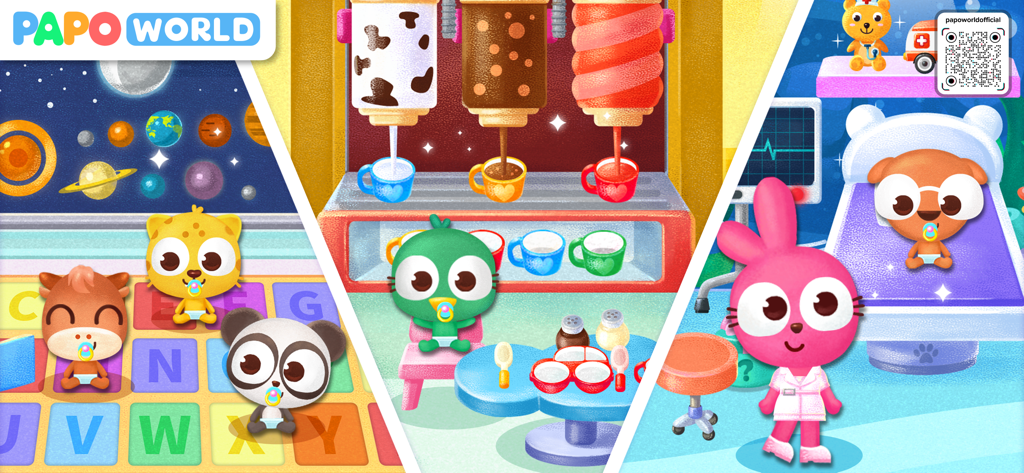 Papo Town Play House - A collage showing three different roleplay scenes in Papo Town Play House featuring animal characters in a classroom, a cafe, and a medical clinic.
