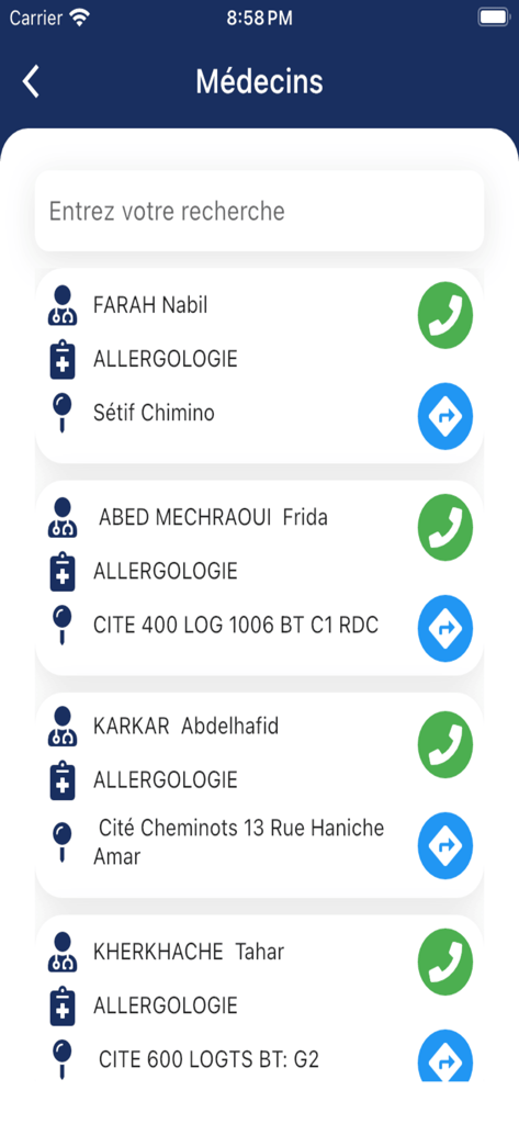 Doctor MAOUT - Interface de l'application Doctor MAOUT montrant un annuaire de spécialistes médicaux à Sétif en Algérie